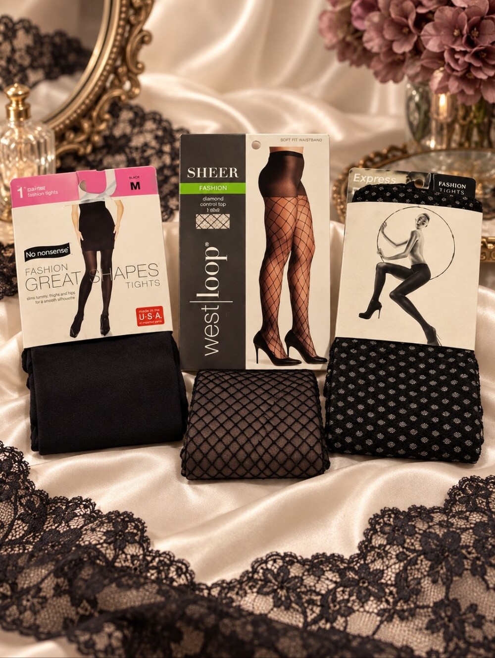 🕯3 Pair Women's Tights Bundle Size M Black Sheer Fishnet Patterned Hosiery NWT